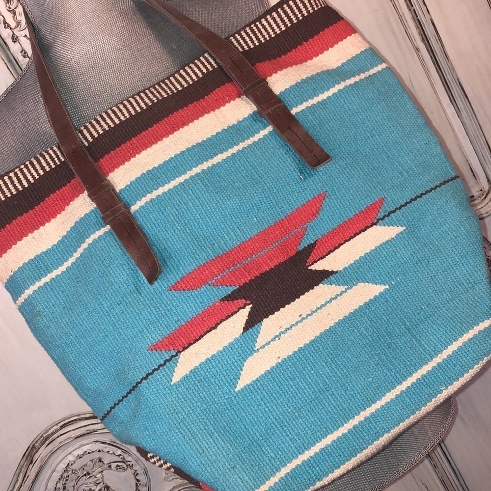 FOREVER 21 Navajo Blanket Leather Straps Turquoise and Red Tote Bag - Picture 2 of 9